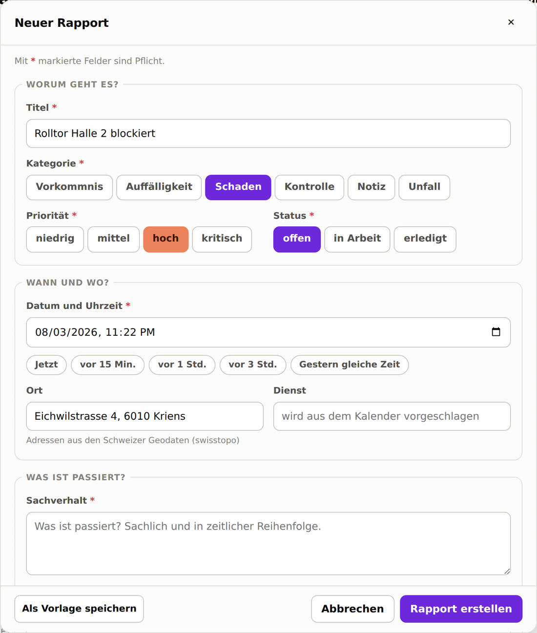 Formular mit kategoriebezogenen Feldern